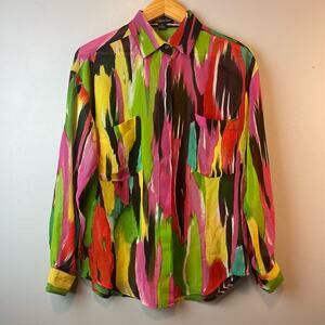 EUC August Silk Sheer Blouse  Vibrant Colors Button Down Womens Small Artsy
